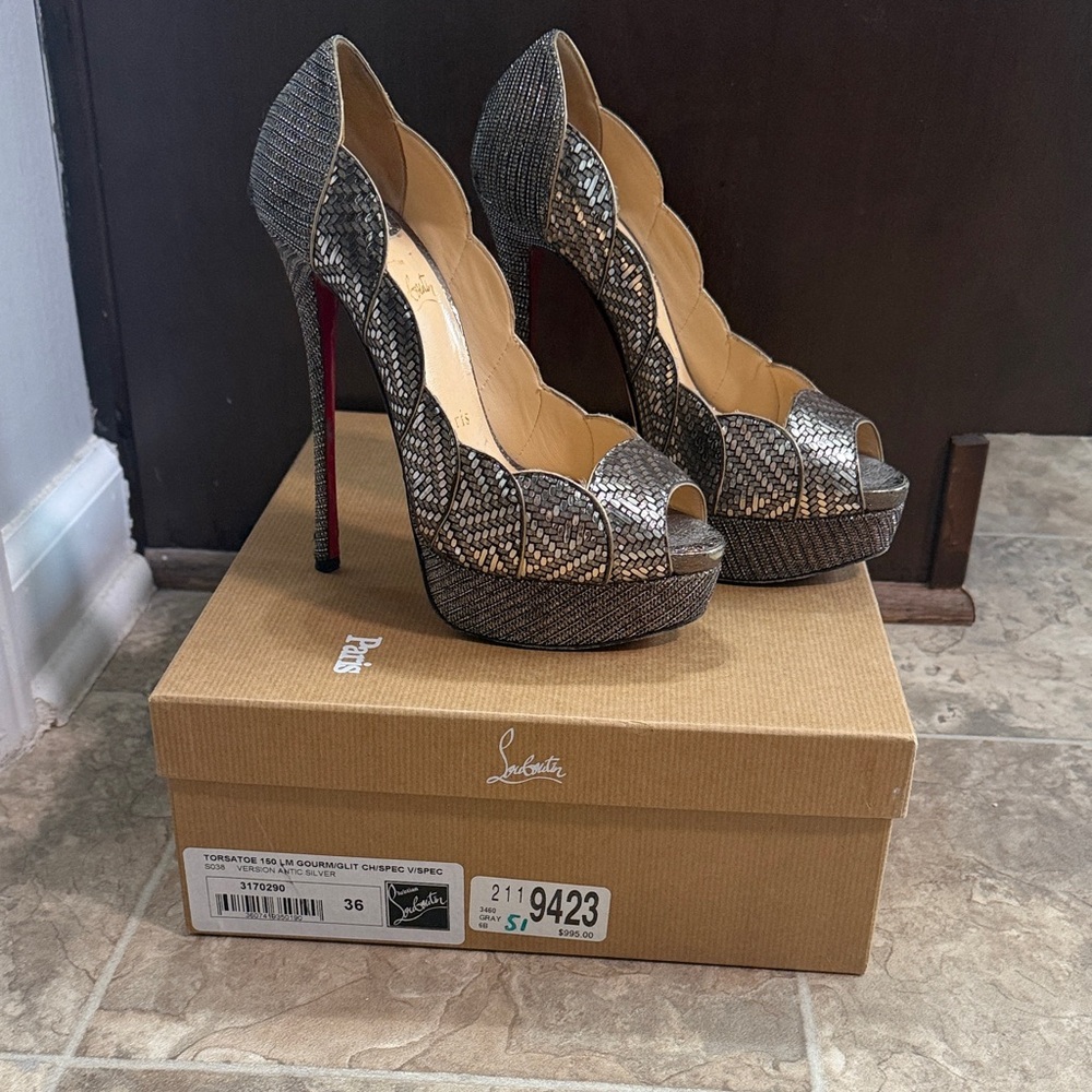 Christian Louboutin Silver Peep-Toe Heels